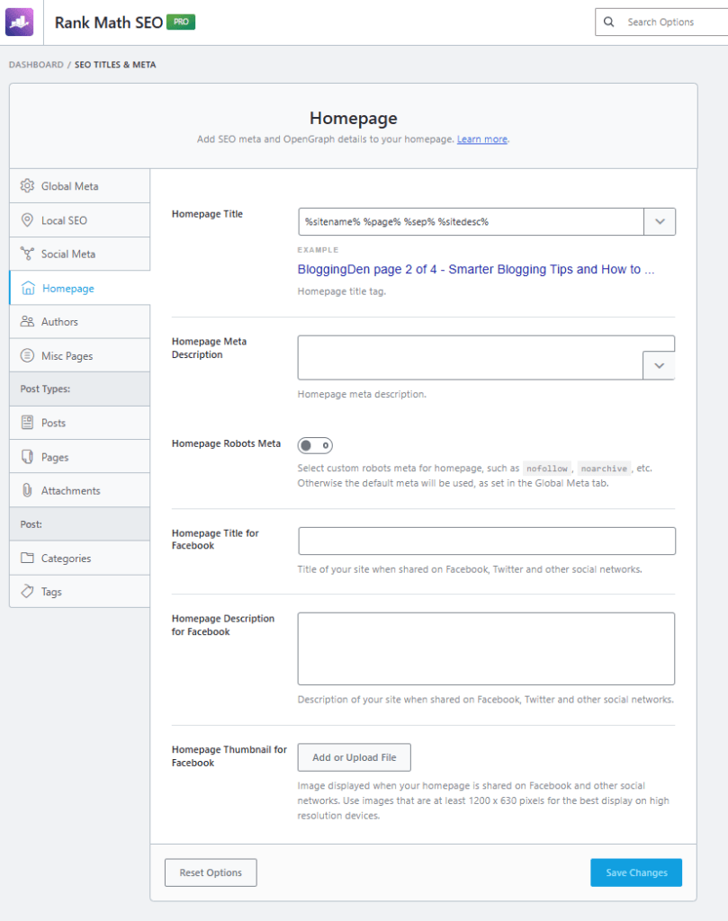wordpress - rank math homepage seo